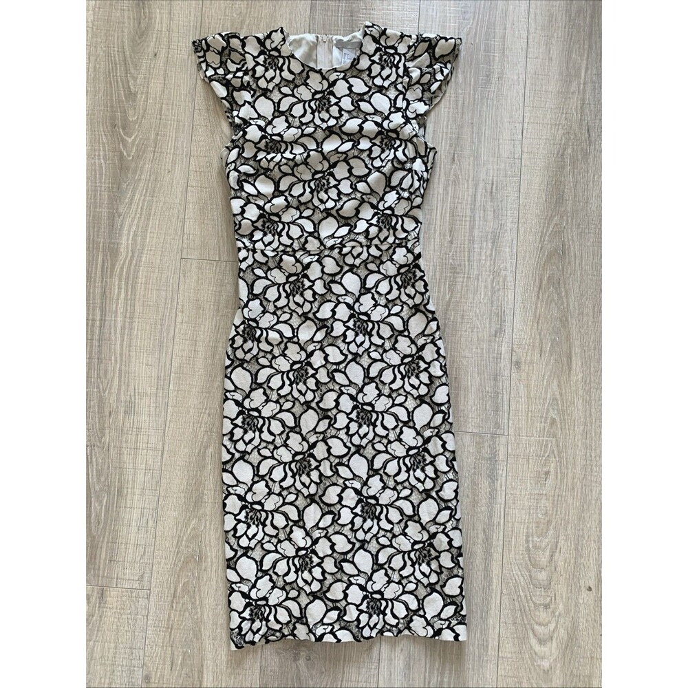 H&M Black off White Floral Lace Midi Dress Flutter Sleeve Womens Size 4